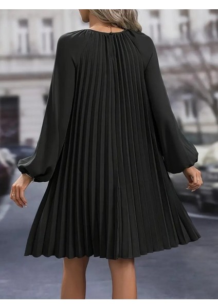 Kadın Uzun Kollu Yuvarlak Yaka Pileli Salaş Mini Ithal Krep Elbise modelleri