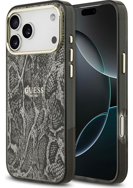 iPhone 17 Pro Max Uyumlu Kılıf Guess Lisanslı M-Safe Özellikli Yazı Logolu Python Desen Kapak Siyah