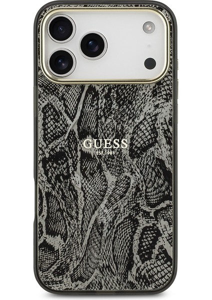 iPhone 17 Pro Max Uyumlu Kılıf Guess Lisanslı M-Safe Özellikli Yazı Logolu Python Desen Kapak Siyah modelleri
