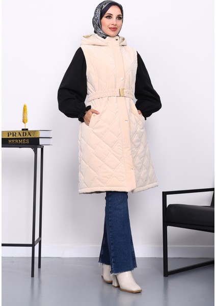 Krem Kapşonlu Kemerli Şişme Yelek