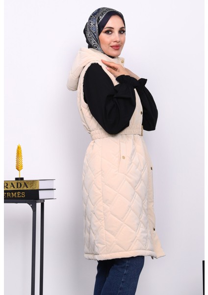 Krem Kapşonlu Kemerli Şişme Yelek modelleri