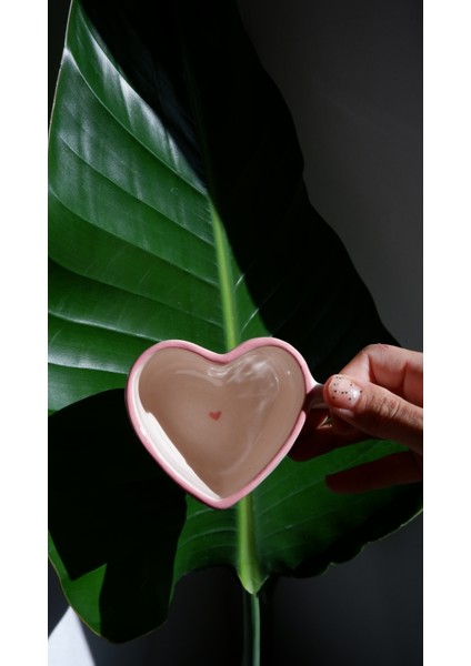 El Yapımı Seramik Kalpli Pembe Kupa, Seramik Pinterest Kupası, Seramik Kalpli Bardak