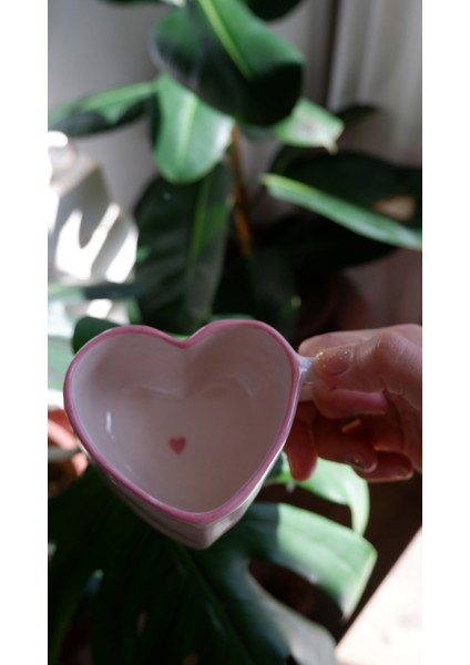 El Yapımı Seramik Kalpli Pembe Kupa, Seramik Pinterest Kupası, Seramik Kalpli Bardak