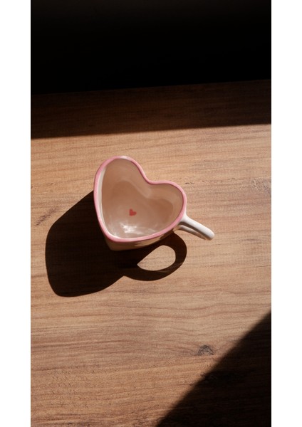 El Yapımı Seramik Kalpli Pembe Kupa, Seramik Pinterest Kupası, Seramik Kalpli Bardak