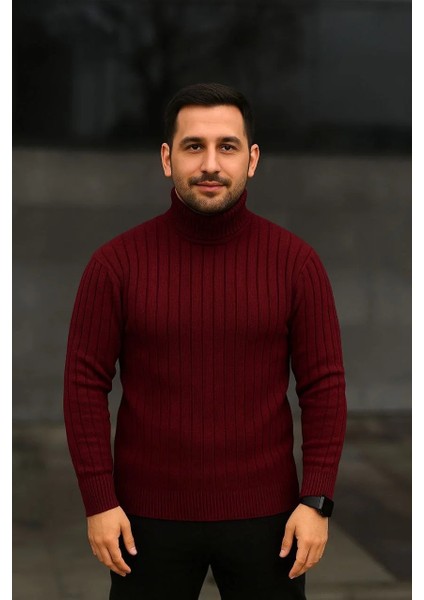 Erkek Balıkcı Yaka Bağazlı Triko Kazak Pamuklu Kalın Fitilli Dokuma, Regular Fit Uzun Kollu Kışlık Model - Bordo fırsatları