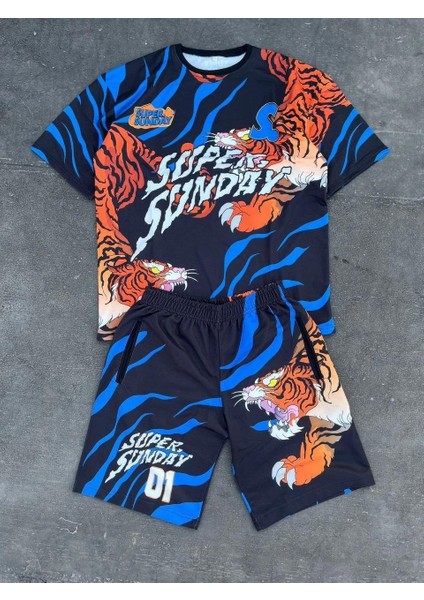 Erkek Dijital Baskılı Şortlu Takım - Mavi fiyatları