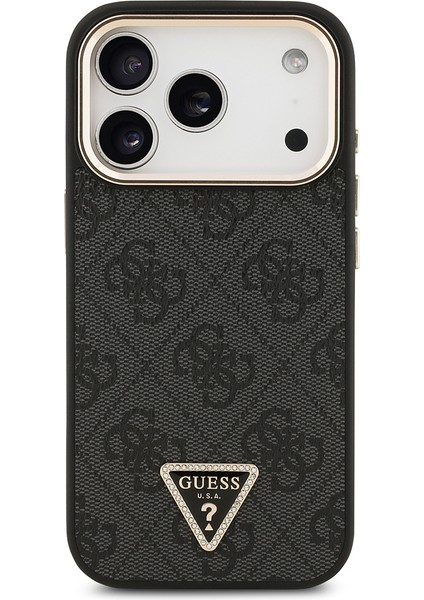 iPhone 17 Pro Kılıf Guess Lisanslı M-Safeli Gold Kamera Çerçeveli Taşlı Üçgen Logo 4g Desenli Siyah modelleri