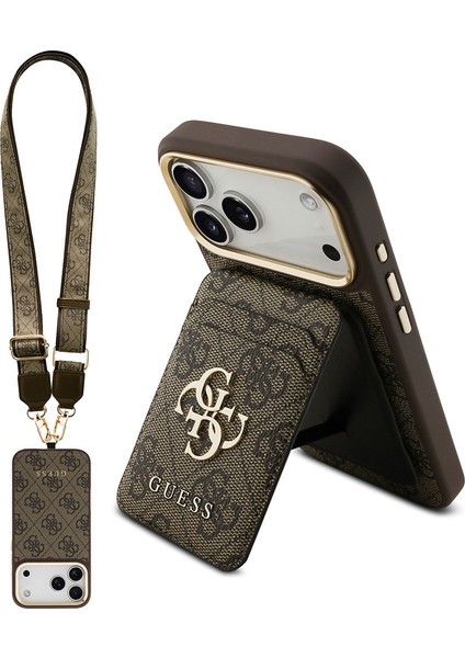 iPhone 17 Pro Max Uyumlu Kılıf Guess Lisanslı M-Safeli Askılı ve 4g Logo Kartlıklı Kapak Kahverengi