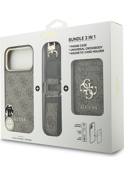 iPhone 17 Pro Max Uyumlu Kılıf Guess Lisanslı M-Safeli Askılı ve 4g Logo Kartlıklı Kapak Kahverengi