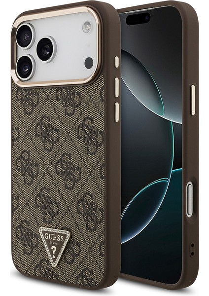 iPhone 17 Pro Max Uyumlu Kılıf Guess Lisanslı M-Safeli Taşlı Üçgen Logo 4g Desenli Kapak Kahverengi
