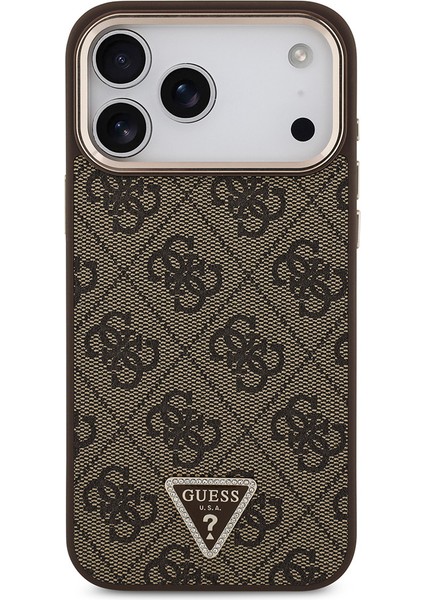 iPhone 17 Pro Max Uyumlu Kılıf Guess Lisanslı M-Safeli Taşlı Üçgen Logo 4g Desenli Kapak Kahverengi modelleri