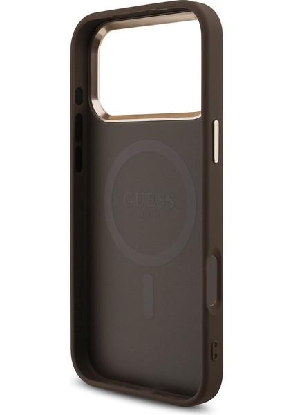 iPhone 17 Pro Max Uyumlu Kılıf Guess Lisanslı M-Safeli Taşlı Üçgen Logo 4g Desenli Kapak Kahverengi