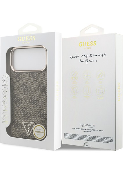 iPhone 17 Pro Max Uyumlu Kılıf Guess Lisanslı M-Safeli Taşlı Üçgen Logo 4g Desenli Kapak Kahverengi