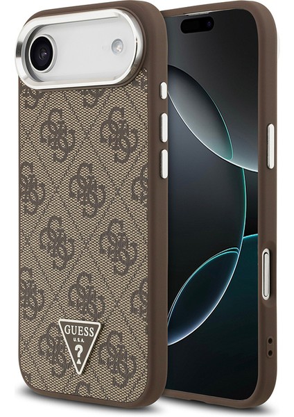 iPhone 17 Air Kılıf Guess Lisanslı M-Safeli Gümüş Kamera Çerçeveli Üçgen Logo 4g Desenli Kahverengi