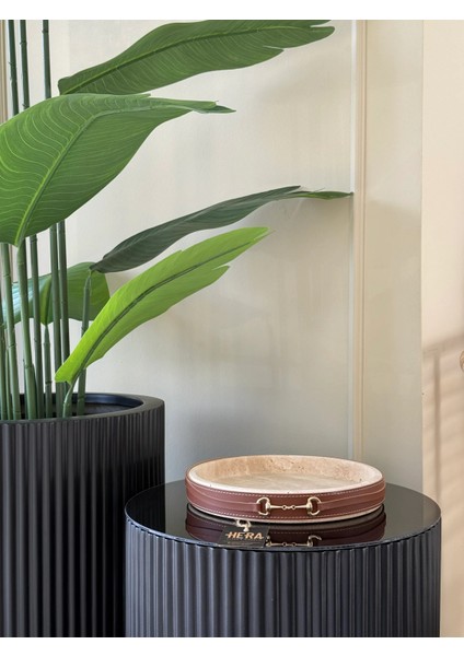 Deri Detaylı Traverten Tepsi