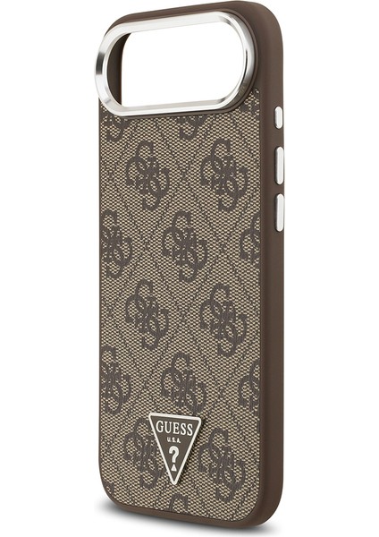 iPhone 17 Air Kılıf Guess Lisanslı M-Safeli Gümüş Kamera Çerçeveli Üçgen Logo 4g Desenli Kahverengi