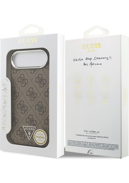 iPhone 17 Air Kılıf Guess Lisanslı M-Safeli Gümüş Kamera Çerçeveli Üçgen Logo 4g Desenli Kahverengi