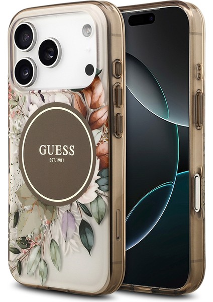 iPhone 17 Pro Uyumlu Kılıf Guess Lisanslı M-Safe Şarj Özellikli Flower Tonal Circle Kapak Kahverengi