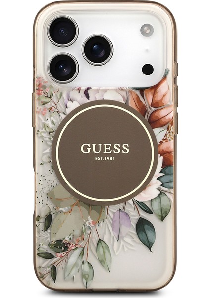 iPhone 17 Pro Uyumlu Kılıf Guess Lisanslı M-Safe Şarj Özellikli Flower Tonal Circle Kapak Kahverengi modelleri