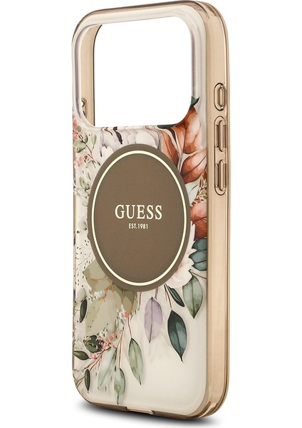 iPhone 17 Pro Uyumlu Kılıf Guess Lisanslı M-Safe Şarj Özellikli Flower Tonal Circle Kapak Kahverengi