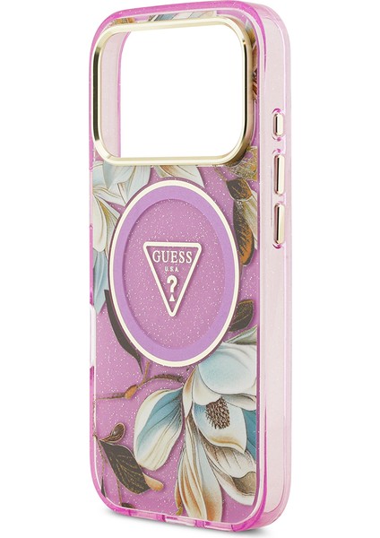 iPhone 17 Pro Max Kılıf Guess Lisanslı M-Safeli Simli Çiçek Desenli Metal Kamera Çerçeveli Mor