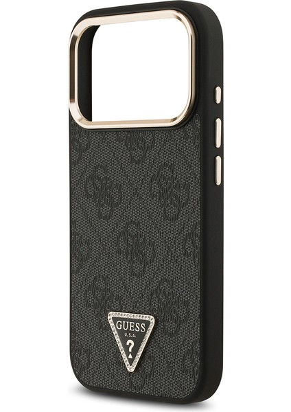 iPhone 17 Pro Kılıf Guess Lisanslı M-Safeli Gold Kamera Çerçeveli Taşlı Üçgen Logo 4g Desenli Siyah