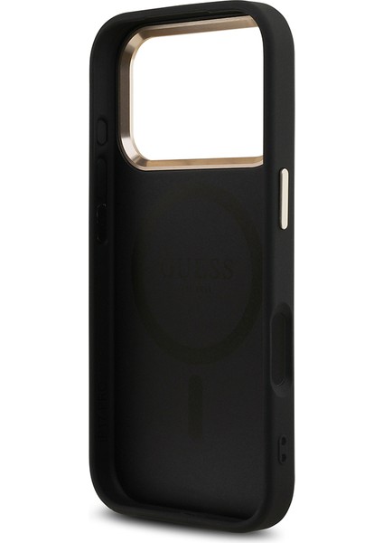 iPhone 17 Pro Kılıf Guess Lisanslı M-Safeli Gold Kamera Çerçeveli Taşlı Üçgen Logo 4g Desenli Siyah