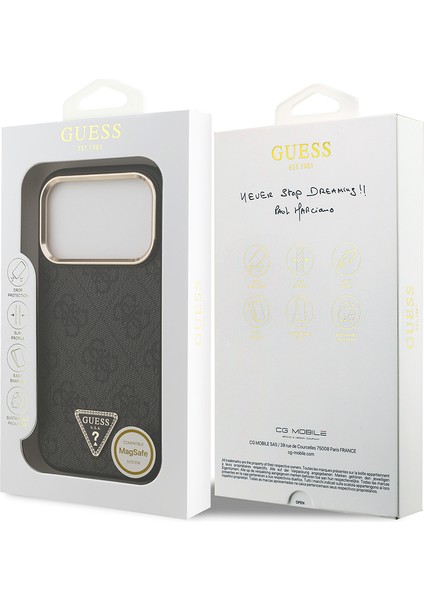 iPhone 17 Pro Kılıf Guess Lisanslı M-Safeli Gold Kamera Çerçeveli Taşlı Üçgen Logo 4g Desenli Siyah