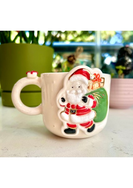 El Yapımı Seramik Gerçek 24K Altın Dekorlu Noel Baba Kupa