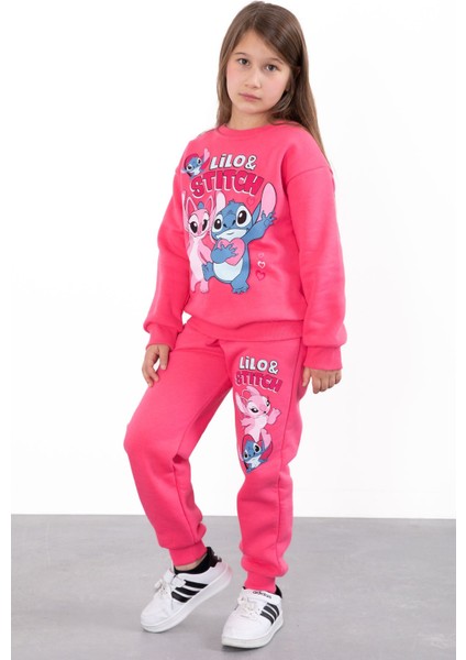 Fuşya Sevimli Simli Karakter Baskı Şardonlu Kız Çocuk Eşofman Takım 23297 modelleri