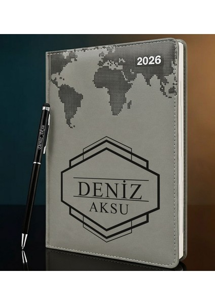 Kişiye Özel Isimli Termo Sert Kapak 2026 Gri Ajanda & Kalem -4, Öğretmenler Günü Hediyesi, Yeni Iş Hediyesi