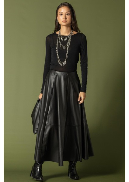 Parçalı Kloş Deri Etek Siyah 7065