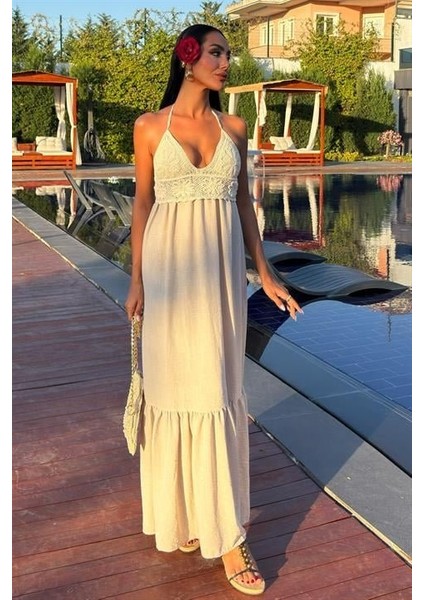 Göğsü Trikolu Keten Uzun Elbise 2904-08 fiyatları