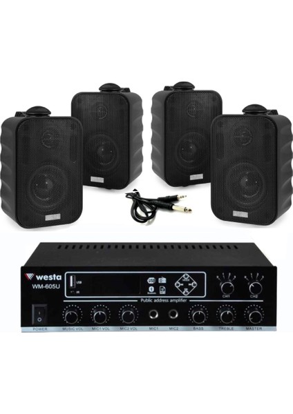 4’lü Siyah Hoparlörlü Anfi Ses Sistemi Seti | Mağaza ve Ofis Için Profesyonel Müzik Paketi