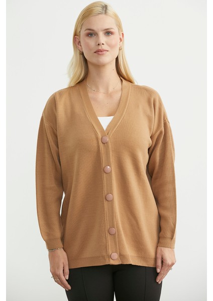 V Yaka Salaş Düğmeli Triko Hırka - Karamel fiyatları