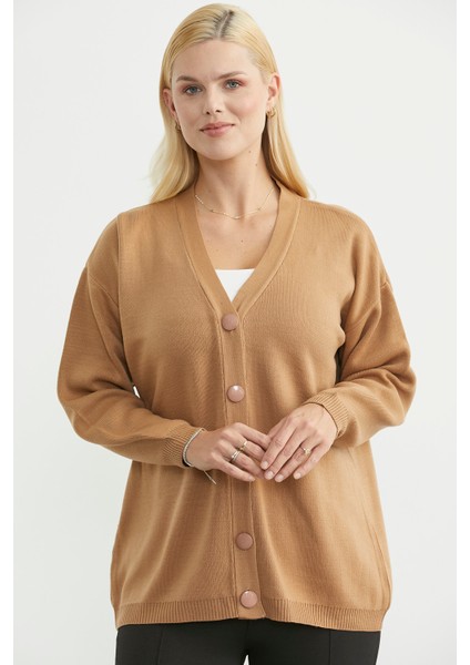 V Yaka Salaş Düğmeli Triko Hırka - Karamel modelleri