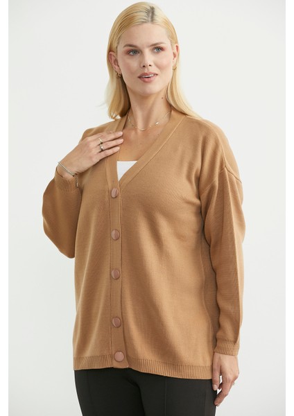 V Yaka Salaş Düğmeli Triko Hırka - Karamel fırsatları