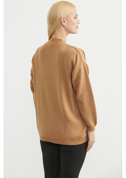 V Yaka Salaş Düğmeli Triko Hırka - Karamel indirimleri