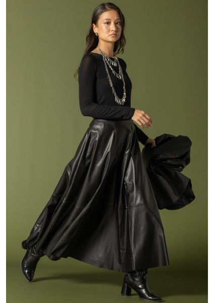 Parçalı Kloş Deri Etek Siyah 7065 modelleri