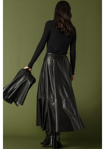 Parçalı Kloş Deri Etek Siyah 7065 indirimleri