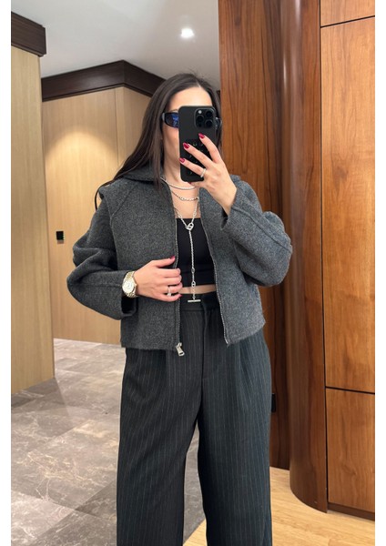 Fermuarlı Yeni Sezon Triko Hırka- Gri