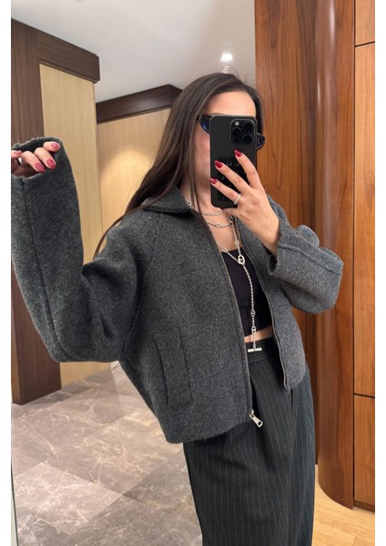 Fermuarlı Yeni Sezon Triko Hırka- Gri fiyatları