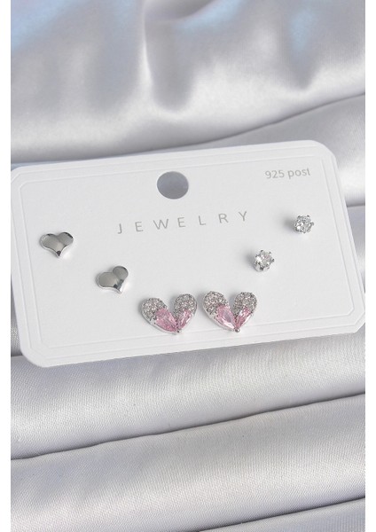 Pirinç Gümüş Renk Pembe Zirkon Taşlı Kalp Model 925 Ayar Gümüş Çivi Kadın Küpe Seti - TJ-BKP10493