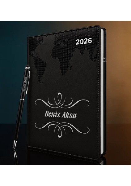 Kişiye Özel Isimli Termo Sert Kapak 2026 Siyah Ajanda & Kalem -1, Öğretmenler Günü Hediyesi, Yeni Iş Hediyesi