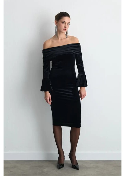 Straplez Kadife Midi Elbise - Siyah fiyatları