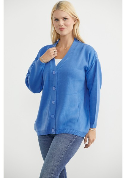V Yaka Salaş Düğmeli Triko Hırka - Mavi