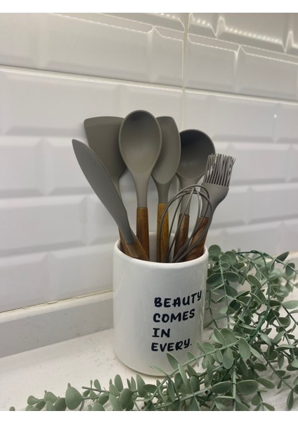 Ahşap Saplı Silikon Servis Seti Seramik Kaşıklık