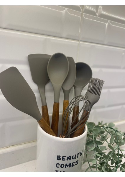 Ahşap Saplı Silikon Servis Seti Seramik Kaşıklık modelleri