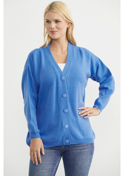 V Yaka Salaş Düğmeli Triko Hırka - Mavi fiyatları
