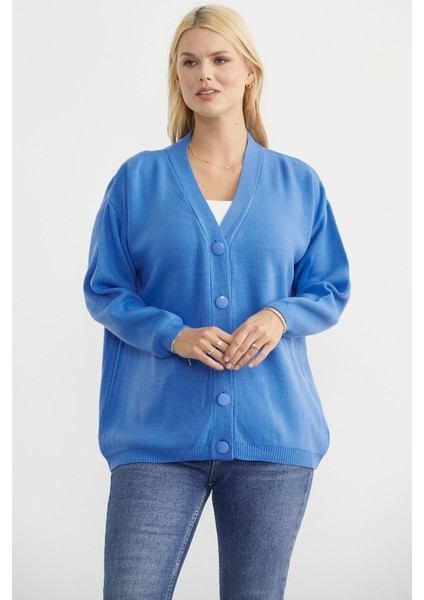 V Yaka Salaş Düğmeli Triko Hırka - Mavi modelleri